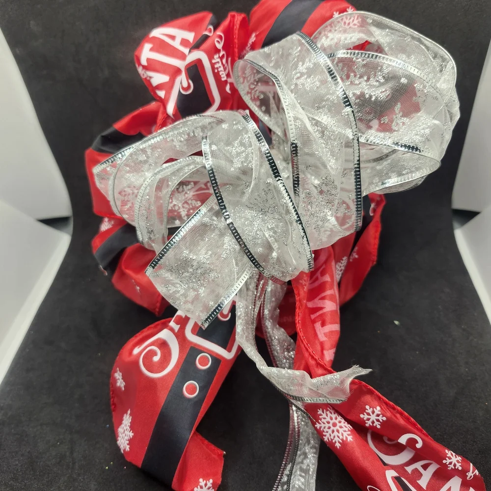 Festive Red and Silver Ribbon Christmas Bow Hair Barrette Clip